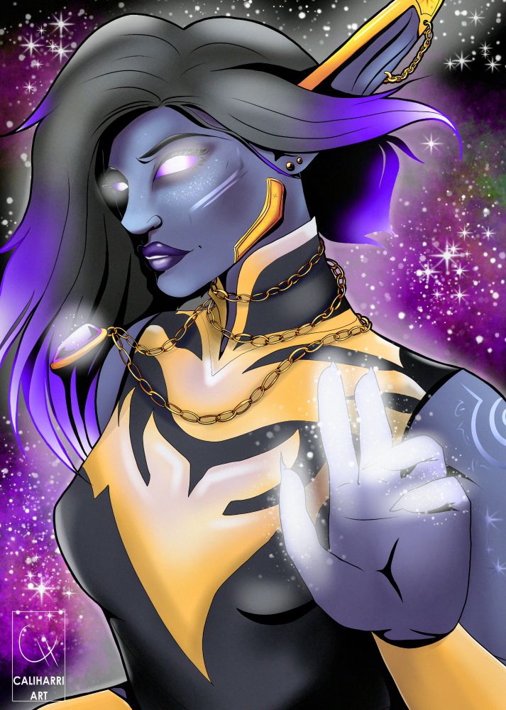 A bust portrait of a shal'dorei (world of warcraft) woman. She has dark greyish-purple skin that bears shimmering silver tattoos. One hand is raised, and the fingers are glowing with  starlight. She seems to float against a space like backdrop.