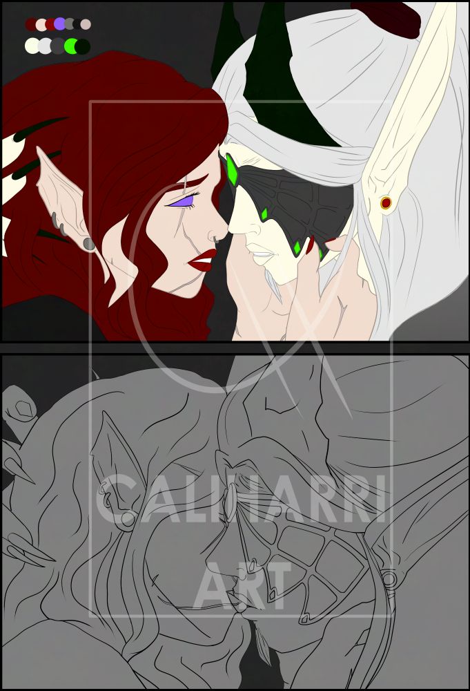 work in progress post depicting two panels. in the first, two blood elves stare longingly at one another. in the second, that longing is sated with a kiss. Only the first panel is colored, in flat tones. 