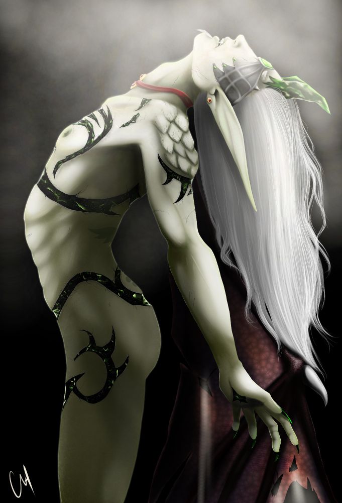 Profile of a nude demon hunter from World of Warcraft standing in a backward contorted pose, bathed in ethereal light from above. Their skin and hair are pale. Vicious looking scars twist and crawl over their body, obsidian-esque rivulets where binding tattoos should be. Dark, leathery wings fall uselessly behind them. 