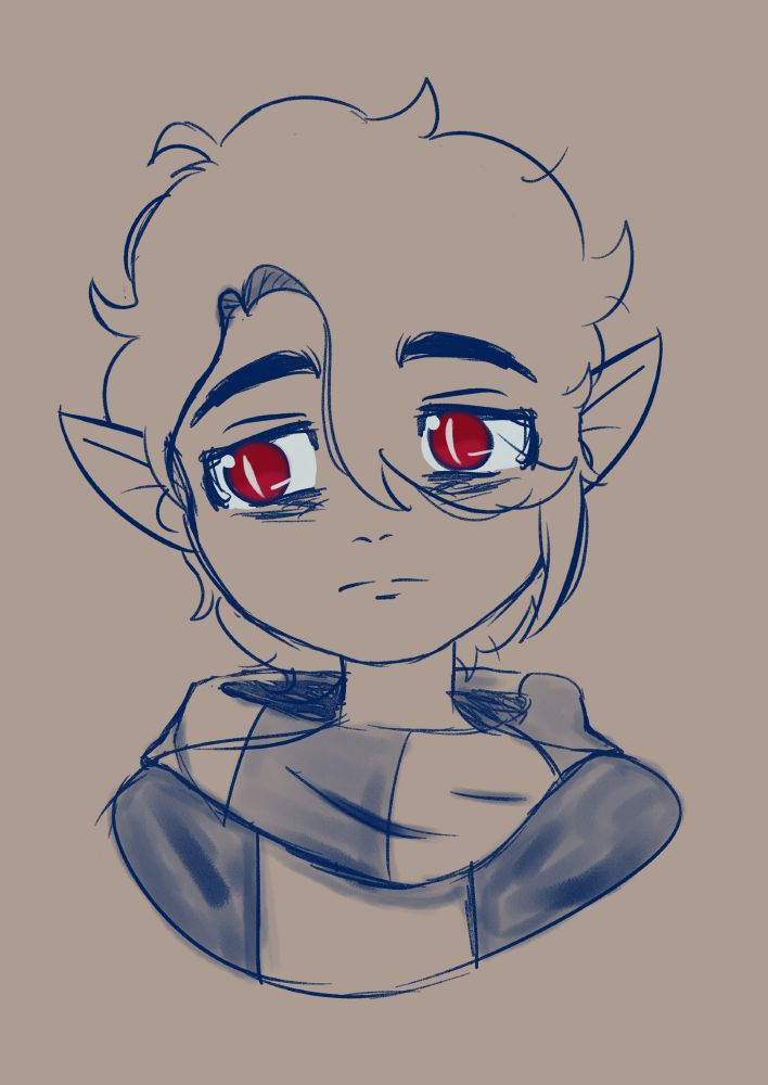 a headshot doodle of my oc Xavier. He has short hair, red eyes with dark under eyebags and he is wearing a scarf and a jacket. 