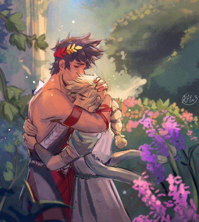 Zagreus embracing his mother Persephone in her garden. Zag looks heartbroken 