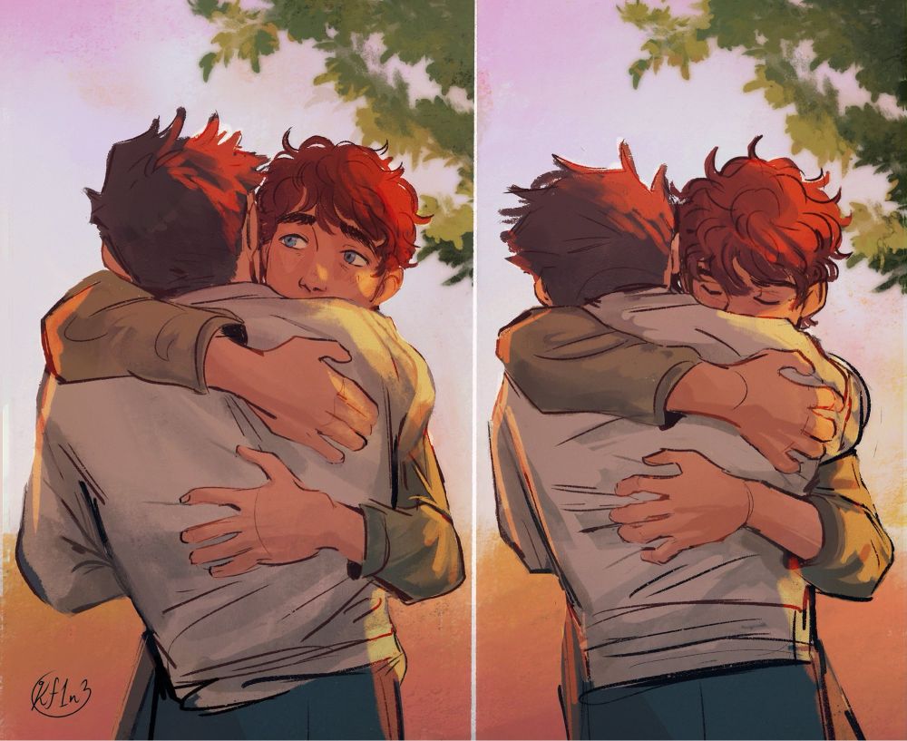 My original characters Basil and Ryland embracing in a tender hug which tightens in the second panel, backlit by a sunset 