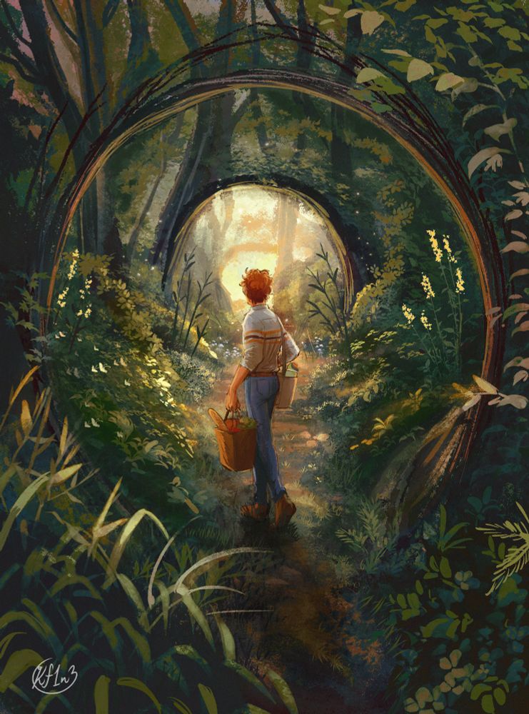 Illustration of my original character Basil wandering through the woods, he looks a little lost, he’s carrying groceries in one bag and a water bottle in the other 