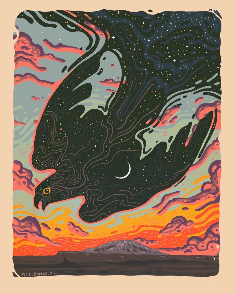 It is New Year’s Eve. The sun sets over the south west desert in a vivid range of colors. A falcon made of the night sky swoops down brining a sky full of stars and a new moon. 