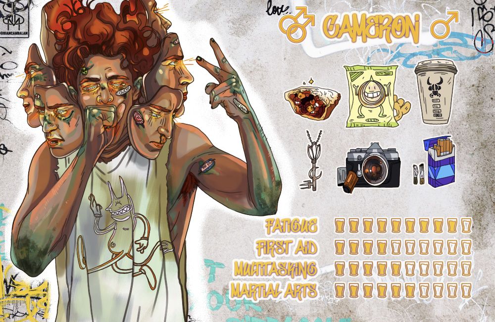 Fantasy male character made from copper, with fiery, wild hair and eyes/nostrils and lips that shine like lava. His knuckles, elbows and the parts of him that are bruised/injured have a green patina, and there's various funny plasters over those injured parts. He has a halo of faces that he can switch between because he can't remember how he looked like before the dream. 
He's wearing a pale sleeveless top with a devil graphic on it. 
To the side we can see his favourite foods (mince pie, Onion Monster Munch and Reggie's strong black coffee) and items he carries around (the keys to the Thorn, where he works as a barman, a dreamt camera and a packet of cigarettes with cigarette butts he finds and carries until he can find a bin to put them in). 