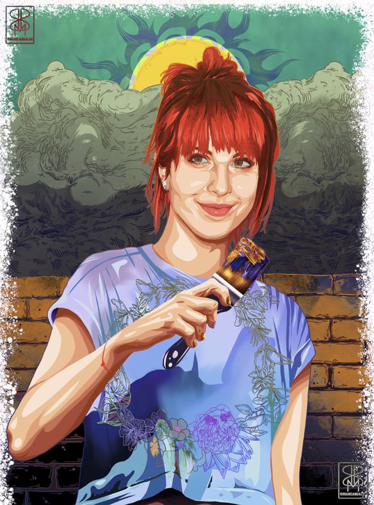 Illustration depicting Hayley Williams stood in front of a brick wall. She appears to be painting the dark bricks in a golden and navy paint. 
Hayley has a pale top with a flower wreath graphic on it and is wearing a red string bracelet as well. Behind the wall there are roiling clouds partly covering a sun at the top, and around the illustration the border is made from sugar. 
The style of the illustration uses the lasso tool in photoshop to carve out shapes and the details such as the clouds and wall are hand-drawn. 
