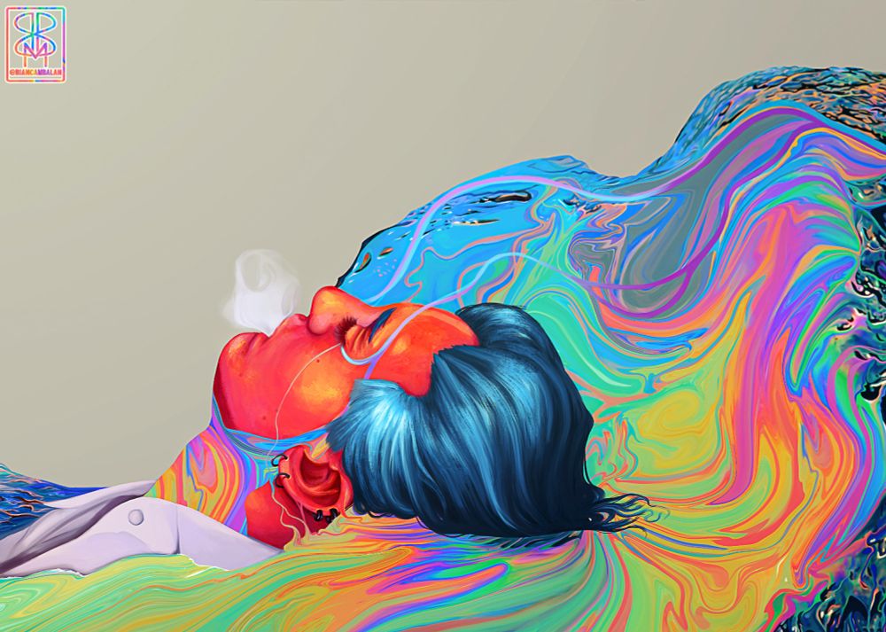 Earlier version of Remy, from a few years back, as an exploration of the possible cover for VIS.
In this version the colours have poured off his skin and fill the image. He's releasing a mouthful of smoke and has colour tears floating up and to the right of the image. His skin is red and his hair is blue. 