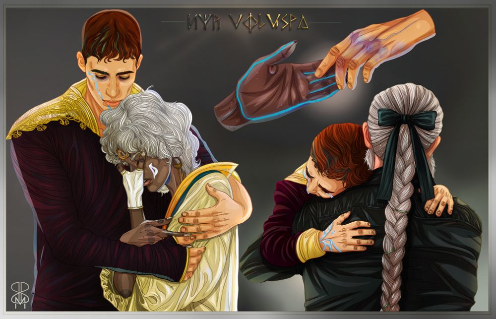 Character interaction sheet featuring a royal male character. 
The first interaction depicts him holding a female friend, comforting her as she tiredly massages her eyes.
The second one shows only his bruised hand, touched by another hand, being comforted himself now by someone else.
The third one shows him as a child, holding onto a male character with long, gray hair tied in a braid. The boy is crying, again being comforted by someone else. 