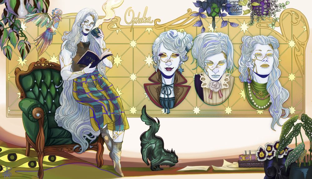 Character design page, featuring a female character of muscular build with very long gray hair and pale blue skin. Around her we can see her houseplants, books, an emerald armchair and her two pets/companions, Erebus the ghostly cat and Brigit the rainbow Magpie