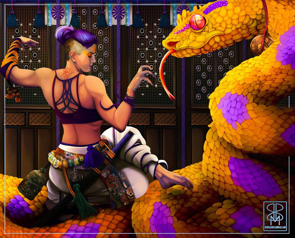 Fully rendered artwork of a dungeons&dragons monk holding a pose on top of a giant golden/purple snake with pink eyes