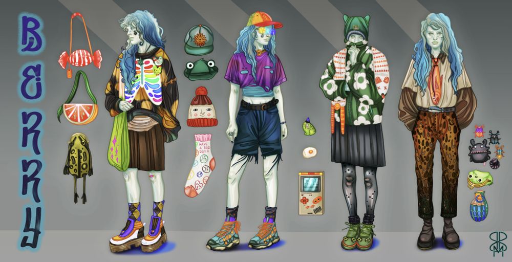 Outfit and accessory lineup of gender neutral character with long blue-gray hair and gray-green skin
