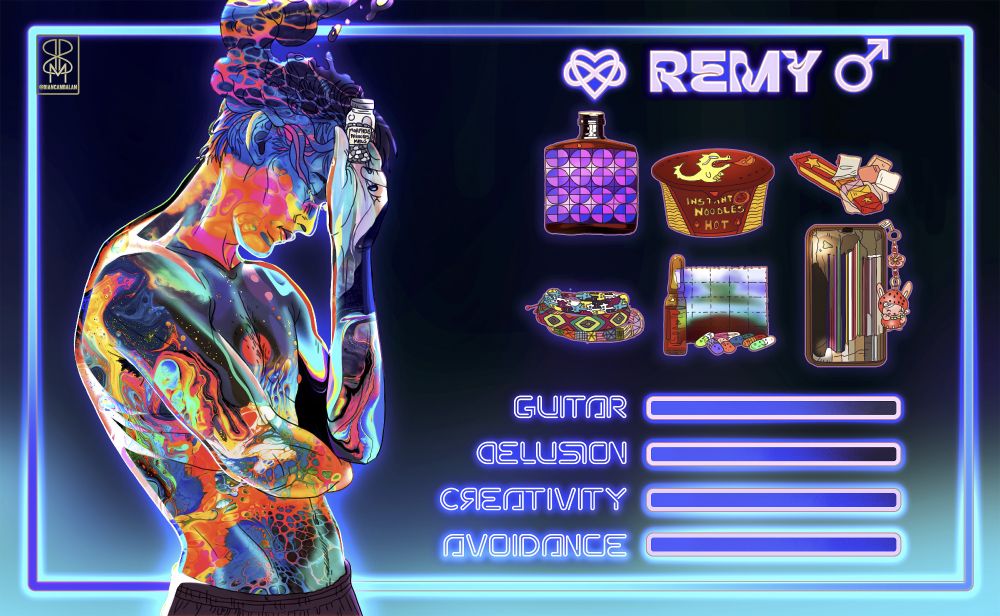 Fantasy male character that is made from swirls of shifting colours drifting upwards. He is depicted wearing only his boxer shorts and holding his one unique tube of pills, Morpheus Princeps Meus. 
To the right you can see his favourite foods (Brandy, Hot Instant Noodles and Starbursts) and items you'd commonly find on his person (array of friendship bracelets gifted to him by one of his girlfriends, an array of different drugs and his broken, yet unbreakable, phone with a charm gifted to him again by the same girlfriend; he can still get calls and answer his phone despite the state of the screen).