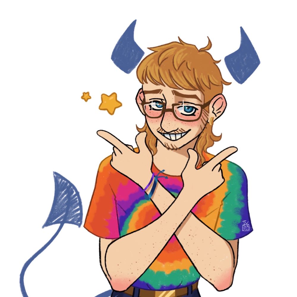 Ginger haired mullet freak in a rainbow tie dye shirt, scruffy facial hair, brown glasses, doing a little smirk and two finger guns! Blue horns and a tail have been scribbled on! 