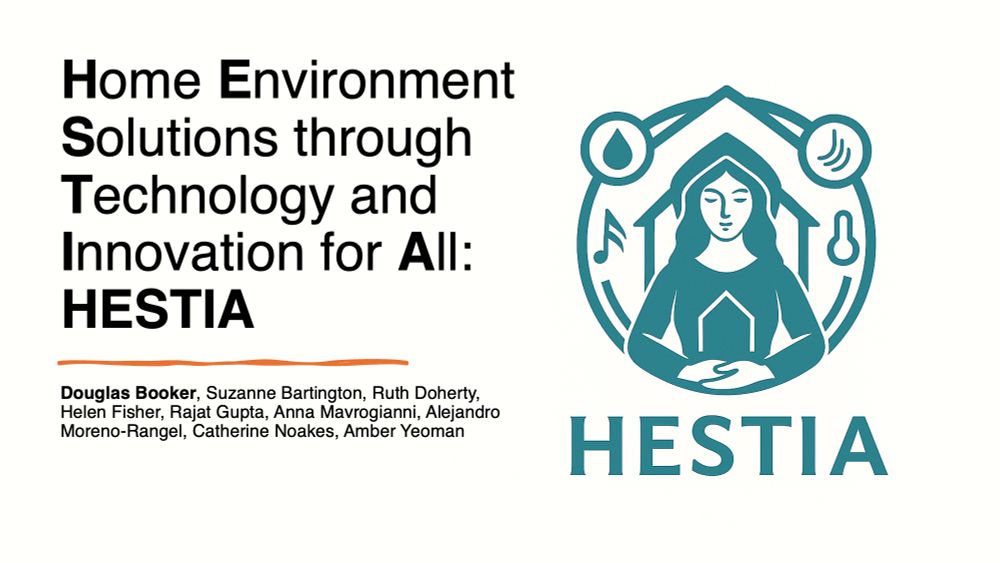 Text on slide:

Home Environment Solutions through Technology and Innovation for All: HESTIA

Douglas Booker, Suzanne Bartington, Ruth Doherty, Helen Fisher, Rajat Gupta, Anna Mavrogianni, Alejandro Moreno-Rangel, Catherine Noakes, Amber Yeoman

The slide also includes a picture of the HESTIA logo, which include a circle with each element of IEQ, and a greek goddess cradling a home