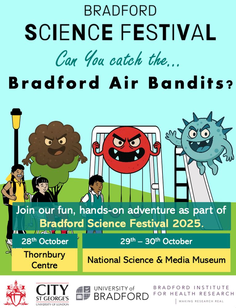 Bradford Science Festival poster with cartoon air pollution characters and kids. Dates: October 29-30, 2025. Venue: National Science & Media Museum.