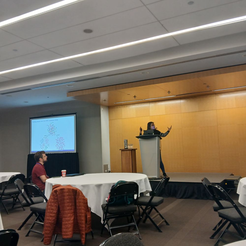 Photo of Olivia Chu stabding on a stage and presenting a talk on adaptive network models.