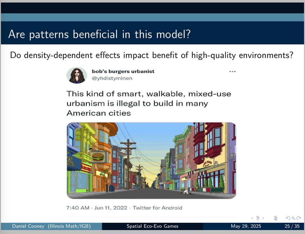 A slide I presented in a mathematical biology talk featuring a screenshot of a Tweet by bob's burgers urbanist. The tweet features an image of a cartoon image from Bob's Burgers and the text "This kind of smart, walkable mixed-use urbanism is illegal to build in many American cities."