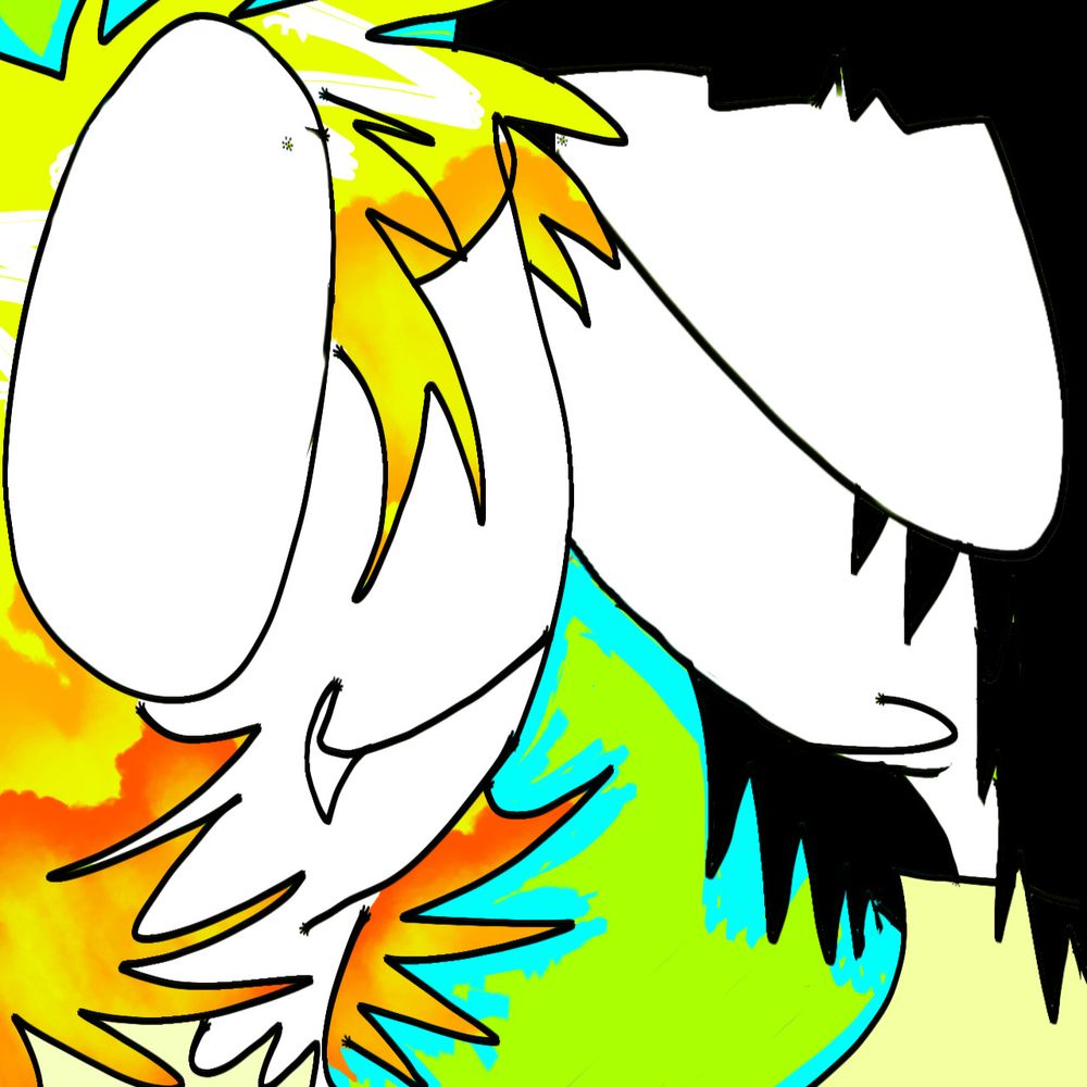 Close up of Don and Ryoshu smiling Very big at each other. Plotting possibly. Bg is neon green with a blue outline behind the drawing.