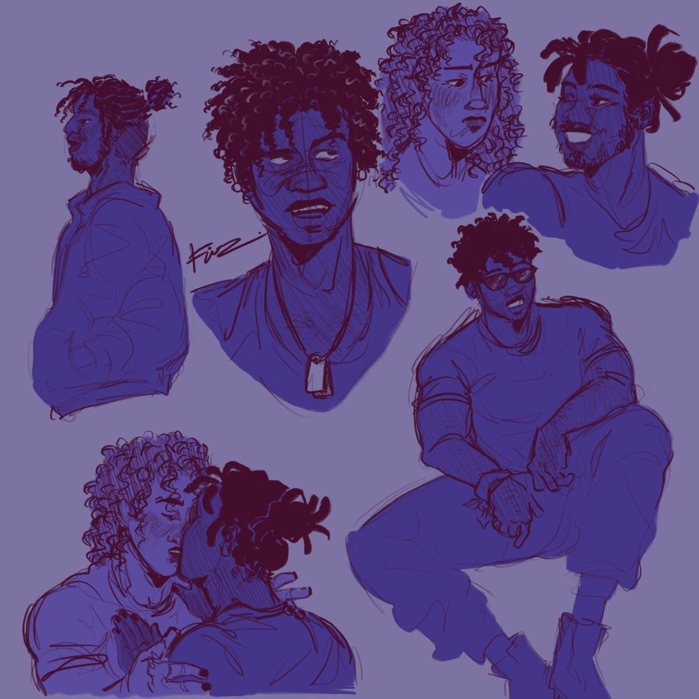 more doodles of Robert and Bobby, Bobby with various hair styles like dreads and braids and buns. In one drawing he has twists that reach the bottoms of his ears. he’s wearing a tank top and dogtags. in another drawing Robert and Bobby are kissing, we are angled just behind Bobby so we see him facing away and get an obstructed view of Robert’s relaxed features, mouth open. in another drawing Robert is looking down at Bobby, they’re side by side and Bobby gives a cheeky grin with a wink whilst Robert looks on in what he wishes was a lack of care if it weren’t for the pinch between his eyebrows. 