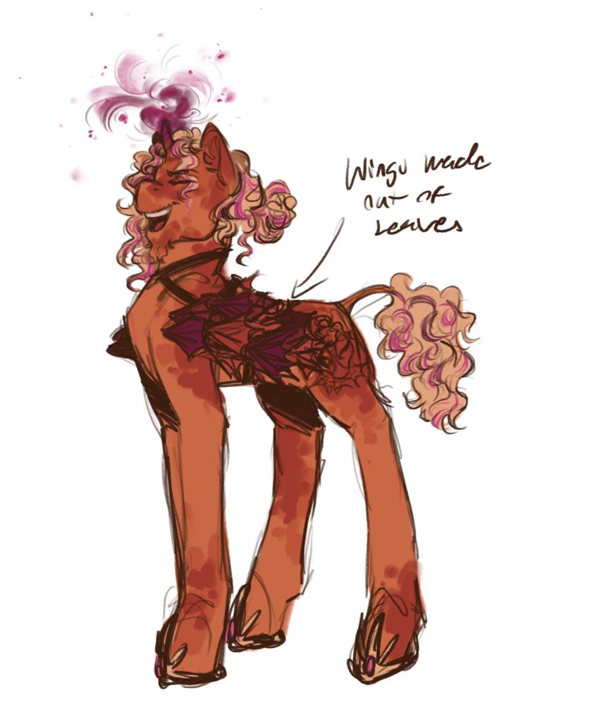 a unicorn, burnt orange base coat with splotches of darker oranges and with royal gold horse shoes with a pink jewel at the front of each shoe. the pony has long blonde hair with streaks of a dark pink. the head hair is tied into a bun at the back, the tail is a skin tail like from the last unicorn until the hair starts about a few inches down. around the torso is a makeshift wing stucture made of fallen autumn leaves in different shades of orange and reddish pink. magic is bleeding from the horn in swurls and bursts