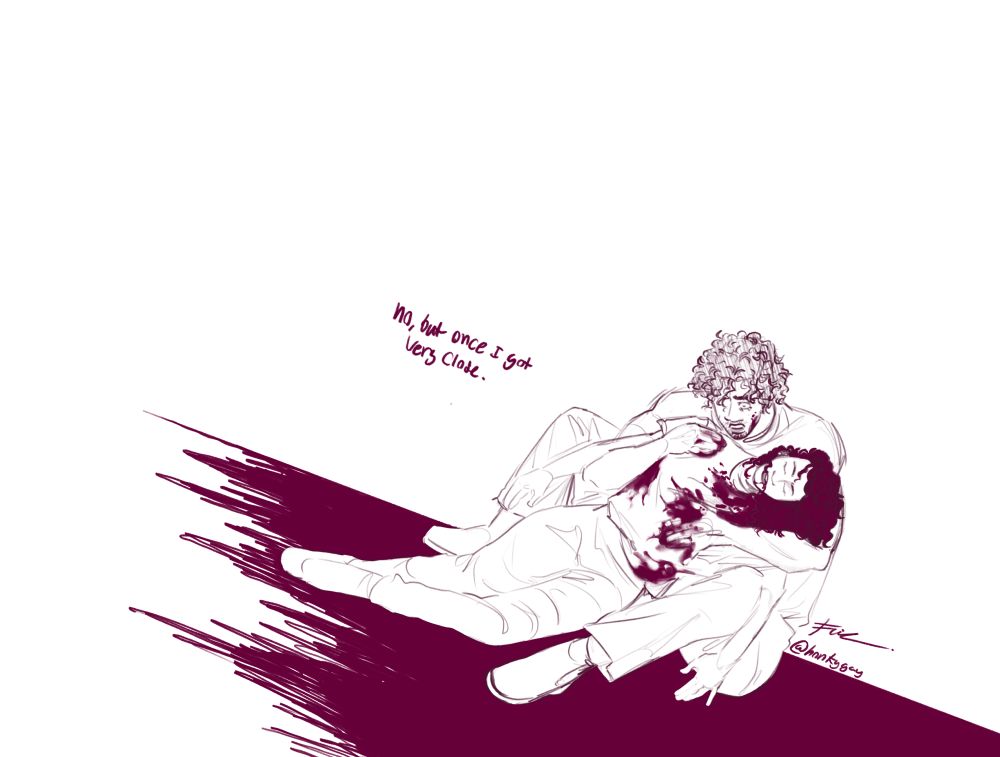 canvas is on a tilt, the floor is jaggedly coloured a deep purplish red. Robert, with shorter hair and stubble, holds a woman in his arms, cradles her as he sits down with her caged protectively between his legs. his fiancé, Jessica, was murdered. her red hair blends in with the blood staining her shirt. She lies limp, head lolled to the side. Robert looks catatonic, staring off into the distance with his mouth open in a pant, a single splatter of blood across his jaw. His hands struggle to stop the bleeding even as she’s already passed. text says ‘no, but once i got very close’ 