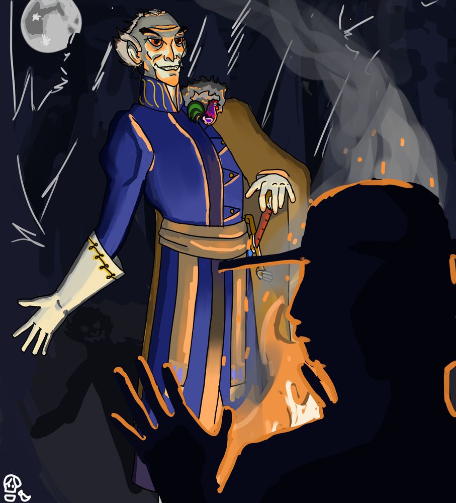 A man in finery standing before a shaded person, before a campfire. It is night and the moon is full