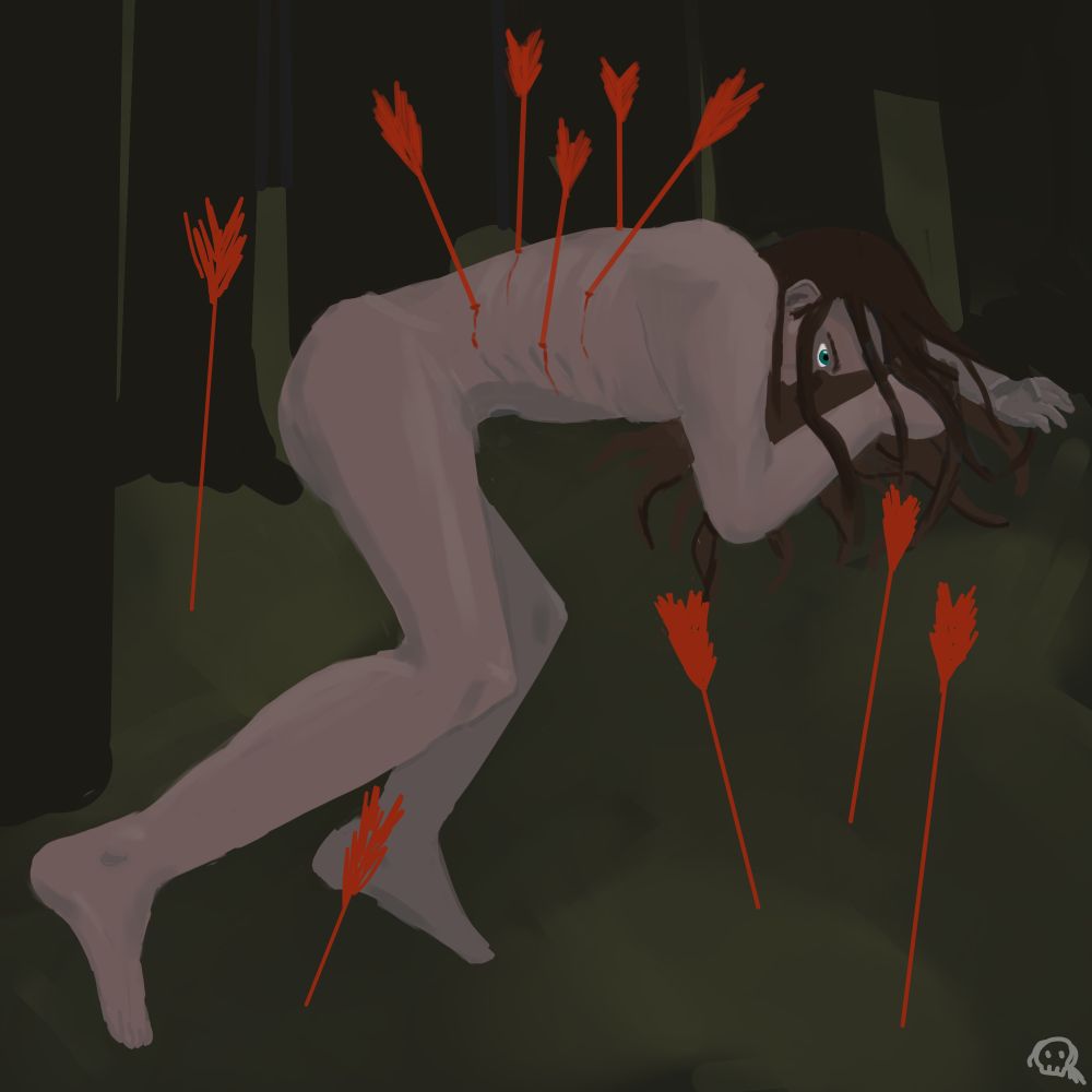 A person laying down naked in a forest. They are pierced by arrows in their chest. There are more arrows scattered about them. An illustration to Have A Nice Life's "Hunter"