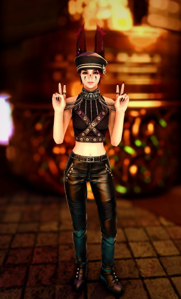 a redheaded viera woman standing in the gold saucer casino. She is wearing leather pants, black boots, a cropped black sleeveless top that has chains and straps on it. She is also wearing a cute black hat ! she has one blue eye and one green eye, throwing up peace signs
