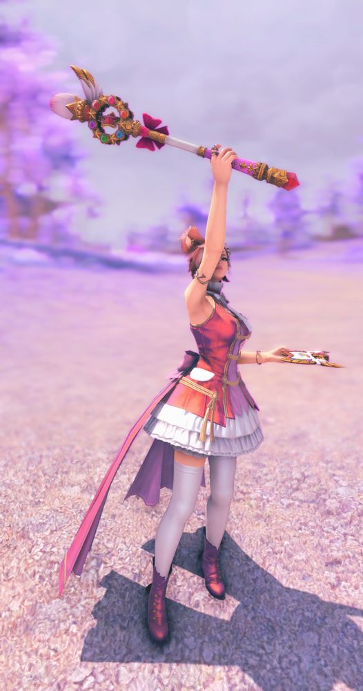 A bunny woman holding up a magical girl staff wearing a beautiful red dress. The background is a soft lavender treeline. 