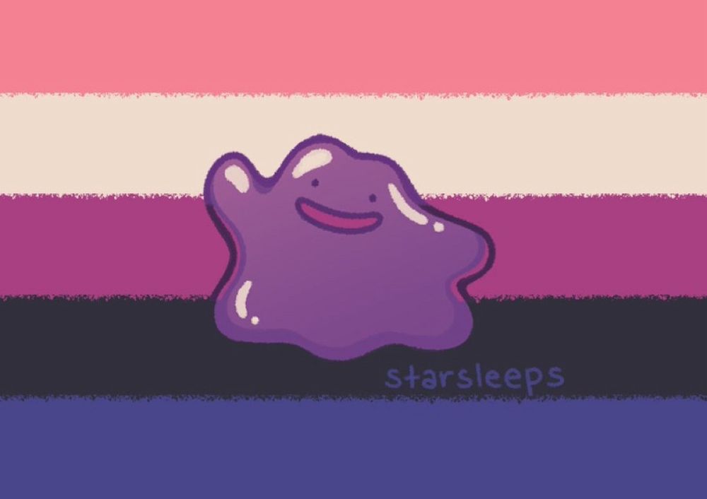 a drawing of the pokemon ditto in front of the genderfluid pride flag. the flag and pokemon are desaturated from their normal hue and drawn with a textured / crayon brush. 