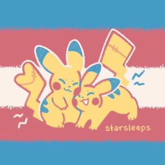 An image of two pikachus cuddling. they are on top of a trans flag and the colors of the pikachus have been color picked to match the flag. The pikachu on the left has a heart shaped tail (indicating she is a girl) with stitch marks to indicate a past surgery. The pikachu on the right has a rectangular tail (indicating he is a boy) with similar scar markings. 