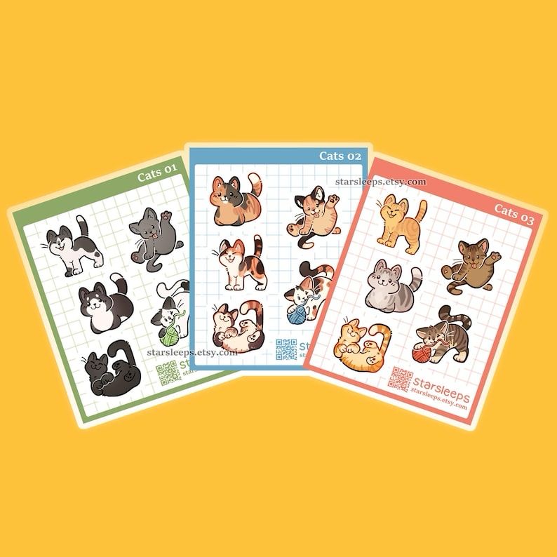 Three cat sticker sheets. One has Black/Grey/Tuxedo Cats, one has Calico/Tortieshell Cats, one has Orange/Grey/Brown Tabby Cats 