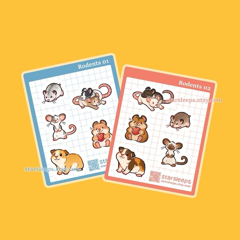 Two sticker sheets with Rodents: Rats, Mice, Guinea Pigs, Syrian/Teddy Bear Hamsters, and Dwarf Hamsters. 