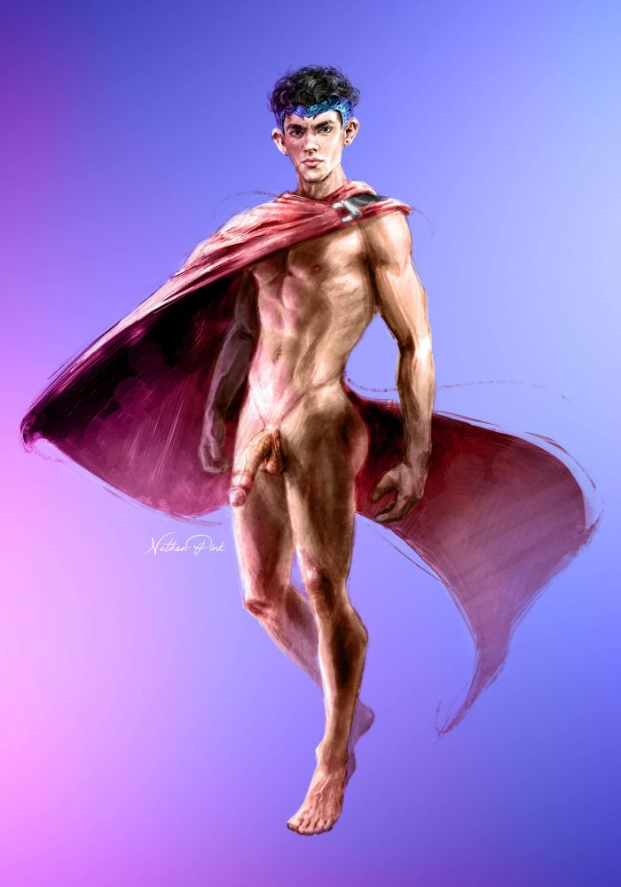 Wiccan / Billy Kaplan floating wearing nothing but his cloak and crown, impressive semi-hard cock exposed. 