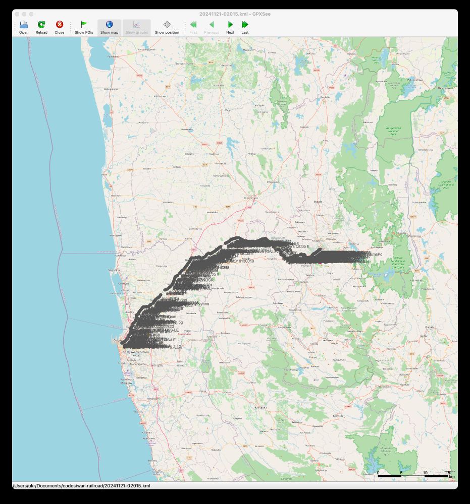 Screen short of the illegible data on a GPXSee a KML viewer application. Shown is a splattering of datapoints from Kandy to Colombo.