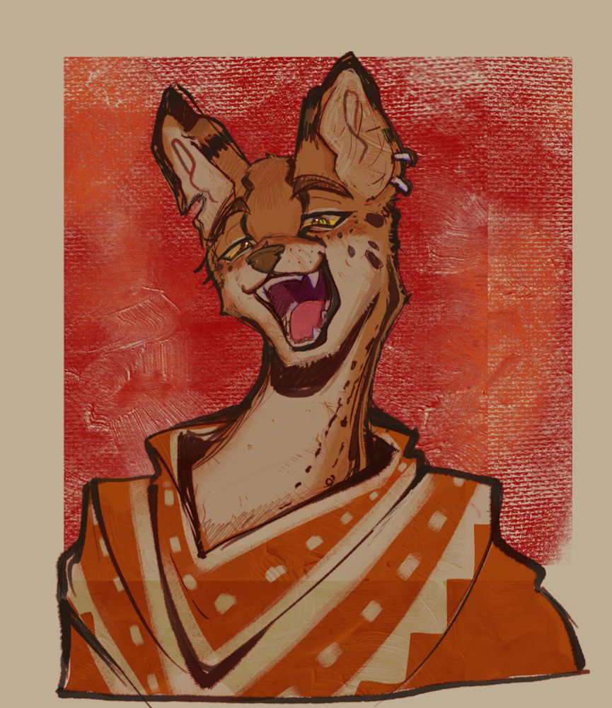 A Gunslinger Tabaxi (Serbal type) with a smirking face. He's wearing two silver earings in their left ears and a horseman red  poncho 