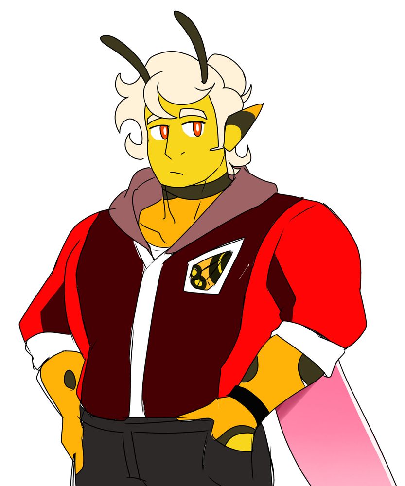 A muscular bee-like man wearing a vibrant red hoodie and black jeans