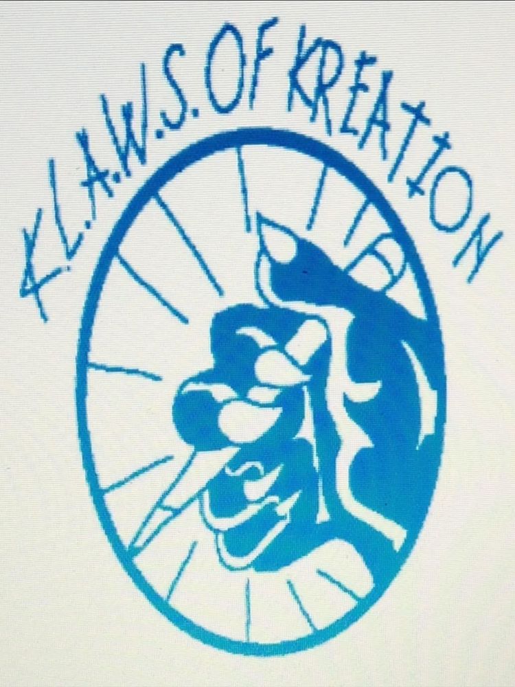 The K.L.A.W.S. of Kreation logo: a blue cat claw/human hand hybrid holding a pencil