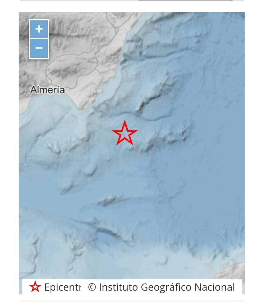 Mapa del sureste de España con una estrella indicando el epicentro del terremoto, en el mar, unos 30 km al sureste del cabo de Palos