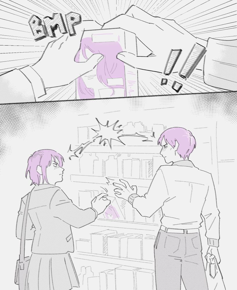 comic of minegishi and minori, their hands meeting on a box of purple hair dye. they glare at each other as minori snatches it from the shelf