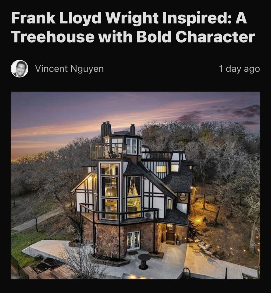 Article with the title “Frank Lloyd Wright Inspired: A Treehouse with Bold Character” showing a photo of a house that is CLEARLY NOT Frank Lloyd Wright Inspired. 