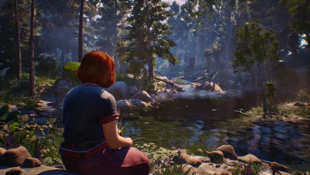 Une jeune fille est assise, de dos, sur un rocher au coeur d'une forêt. Elle a les cheveux courts et roux. Elle porte un t-shirt bleu à manches courtes et un jean bordeau. Elle observe un cours d'eau traversant le coin. Le soleil est haut dans le ciel.