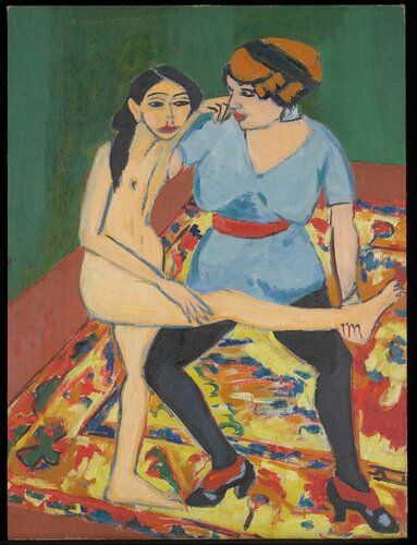 Alterations made to the painting in the 1920's; composition exists on verso of a woman after her bath.
The many nudes in Kirchner's works reflect his interest in sexual freedom and the contemporary cults of nudity and athleticism. He also frequently used the dance atelier to symbolize his own studio, a communal workshop for members of The Bridge (Die Brücke). By combining nude figures with studio settings, Kirchner evoked the frank spontaneity and bohemian sensuality so admired by all the Brücke painters.