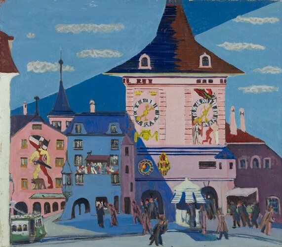 City view of Bern with clock belltower.