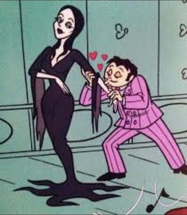 Morticia Addams being fanned over by Gomez Addams in a screenshot of the original Addams Family cartoon