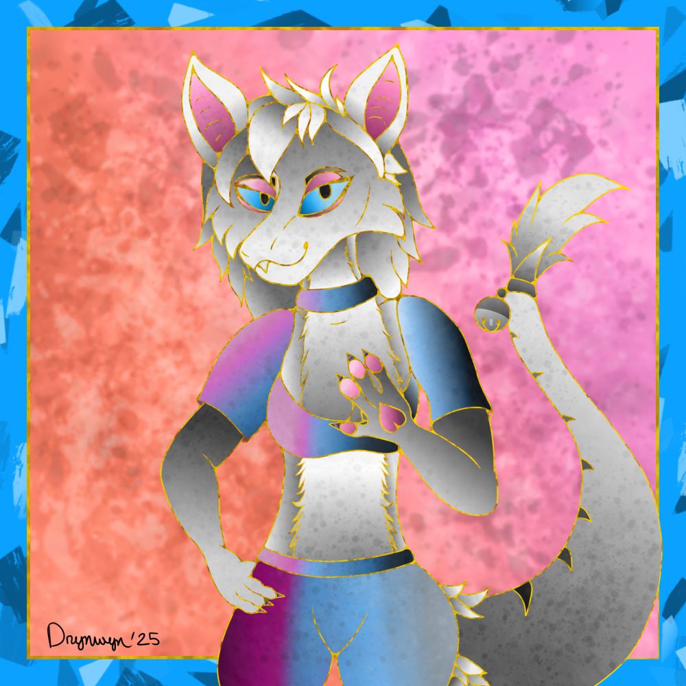 A piece of Zoen Ze Yinglet in stained glass style done for her birthday. Zoen is a white tiger striped Yinglet and is wearing a Somna outfit that shifts between blue and red colors based on the angle it is viewed at. She is waving to the viewer in an abstract orange and pink background with blue trim. Created by drynwyn.bsky.social.