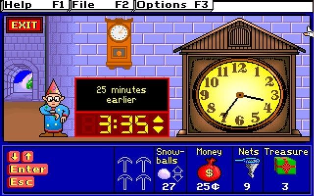 A screenshot from Treasure Mathstorm where an elf teaches you how to tell time