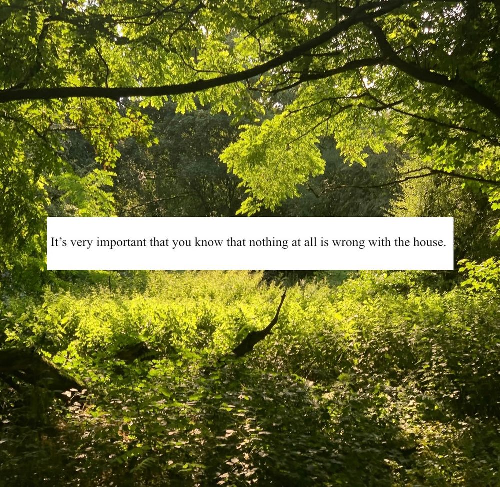 Forest background. Snippet foreground. It reads “it’s very important that you know that nothing at all is wrong with the house.”