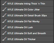 A screenshot of brushes in PS:
KYLE Ultimate Inking Thick ‘n Thin
KYLE Ultimate Oil Color Jitter 
KYLE Ultimate Oil Detail Brush 30px
KYLE Ultimate Oil Flat Wonky
KYLE Ultimate Oil Lush
KYLE Ultimate Oil Soft and Smooth
KYLE Ultimate Oil Thicker