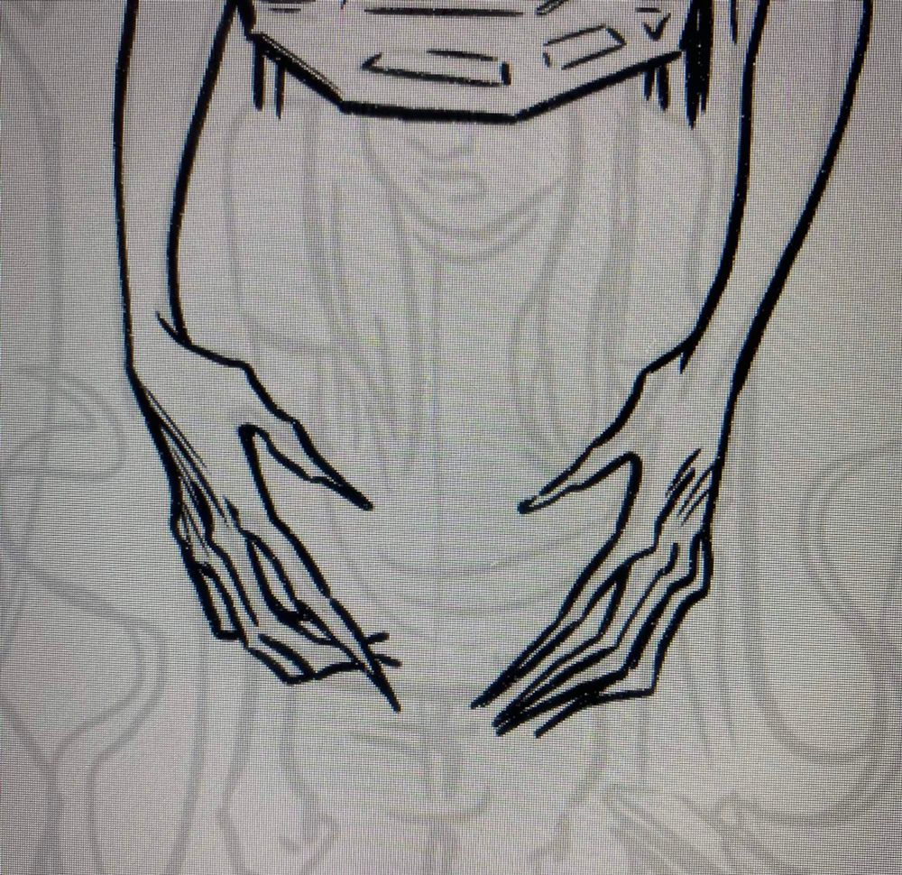 A photo of a tablet screen, which features an illustrated pair of elongated, clawlike hands